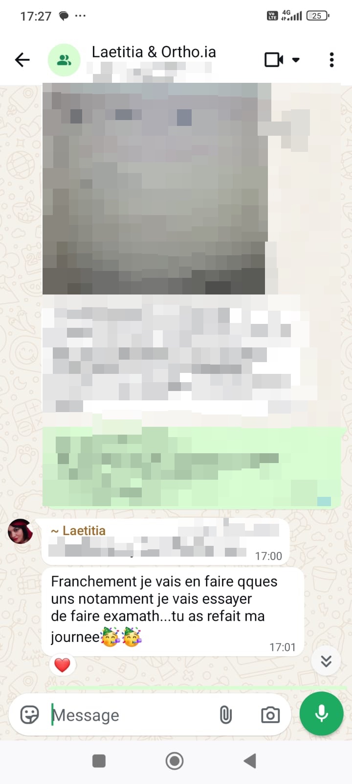 Message WhatsApp de Laetitia, orthophoniste, testeuse beta, à propos d'Ortho.ia